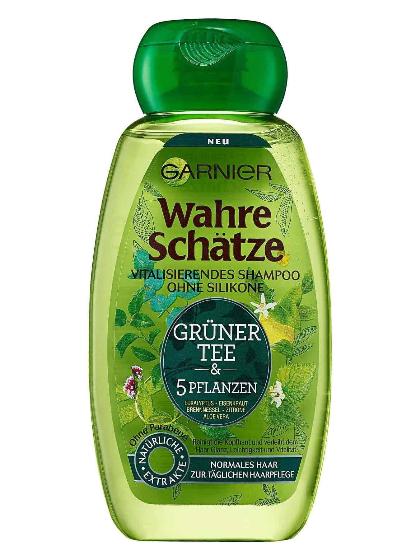 Shampoo-Wahre-Schaetze-Gruener-Tee-Fuenf-Pflanzen-250ml-Vorderseite-Garnier-Deutschland-gr